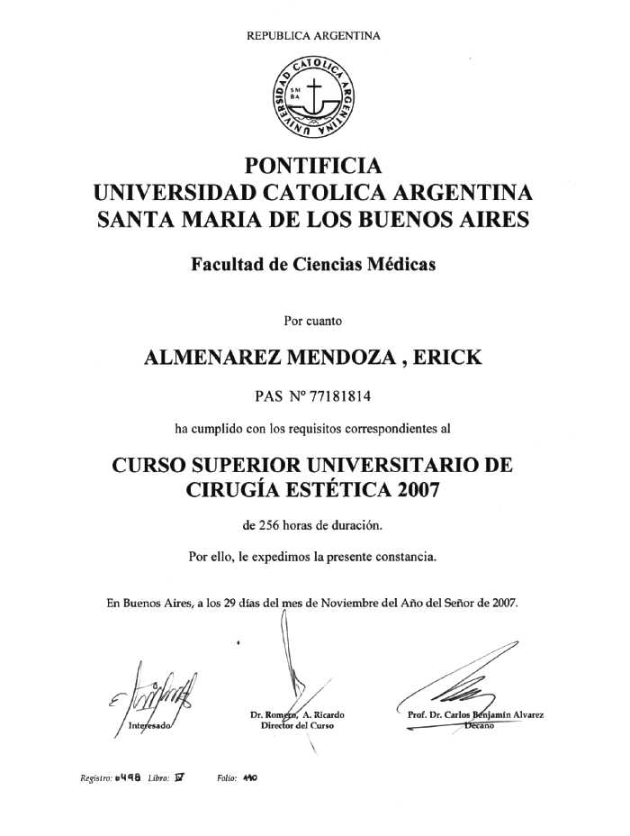 Medellin plastic surgeon doctor certificate