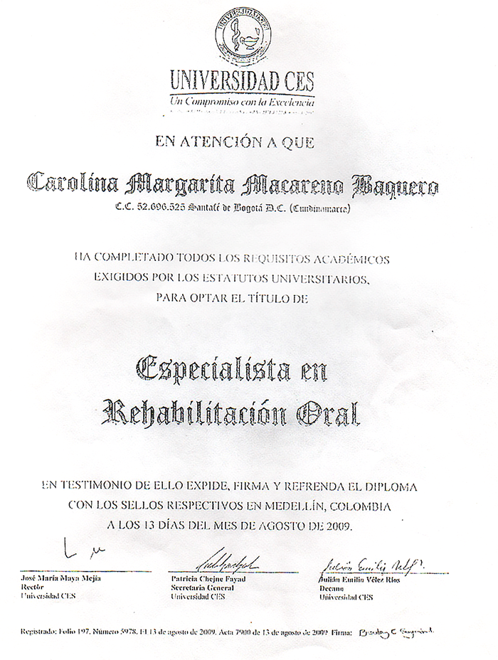 Medellin Dentist certificate