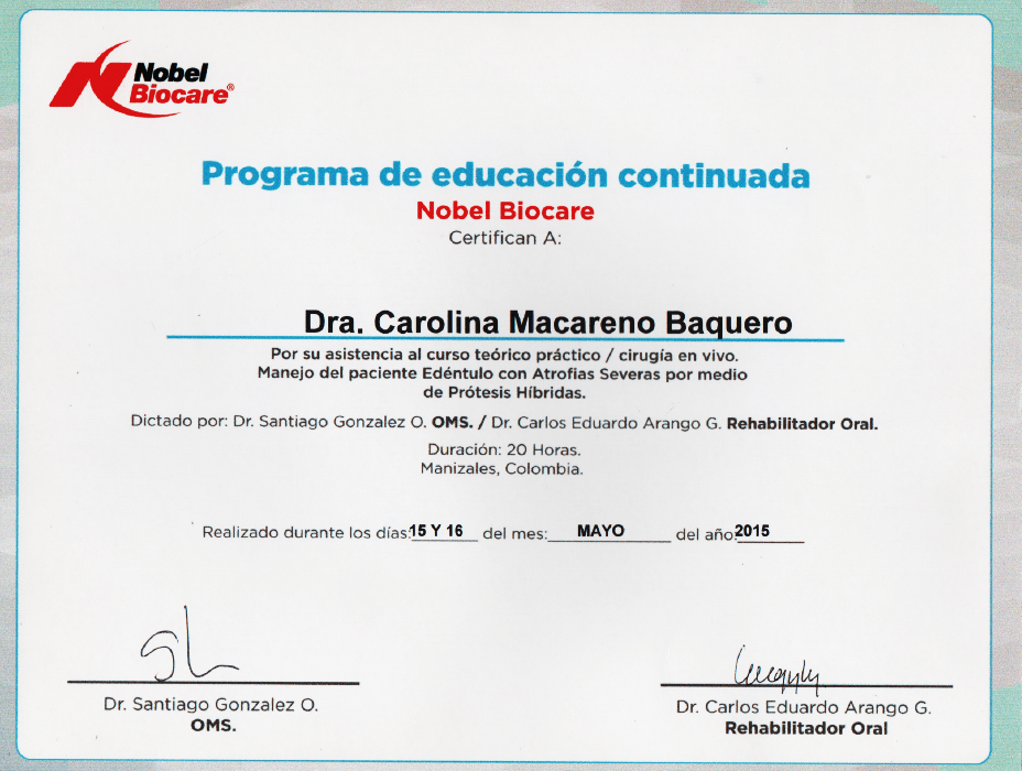 Medellin Dentist certificate