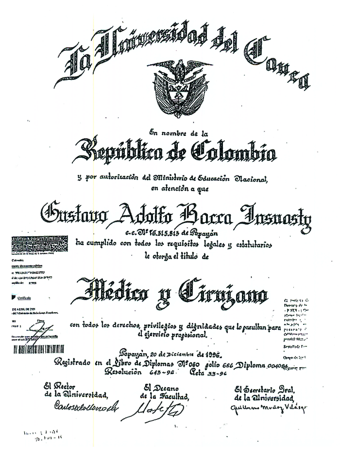 Medellin orthopedic surgeon doctor certificate