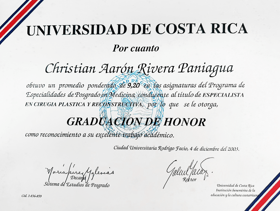 Costa Rica plastic surgeon doctor certificate