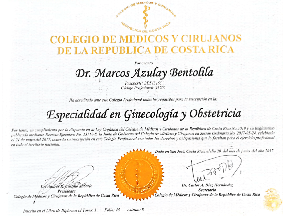 Costa Rica Fertility doctor certificate