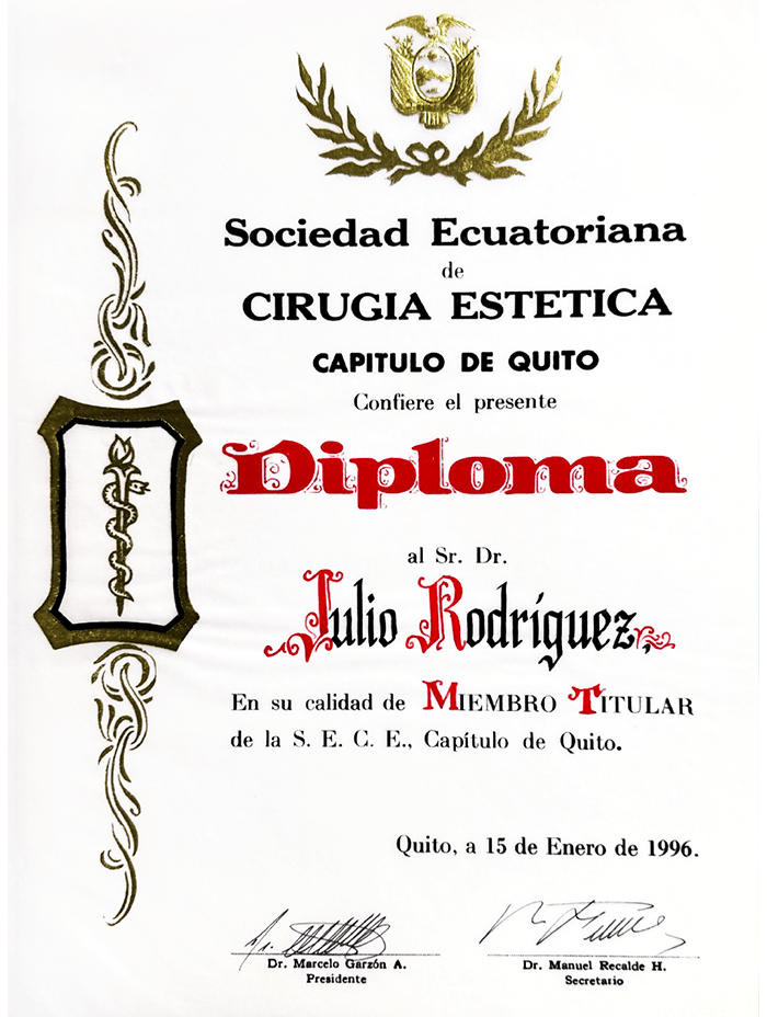 Quito plastic surgeon doctor certificate
