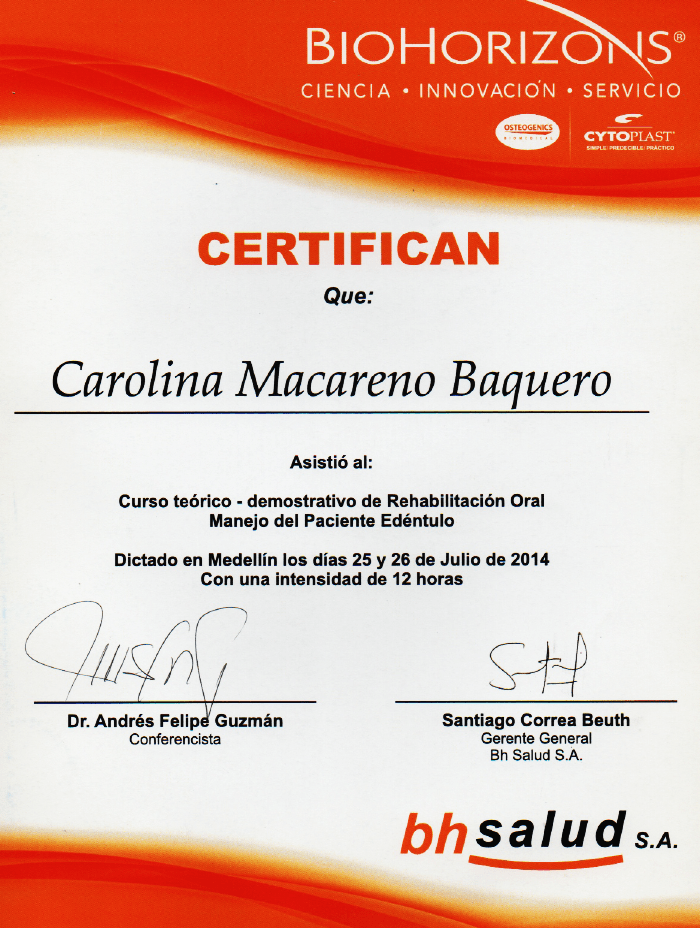 Medellin Dentist certificate